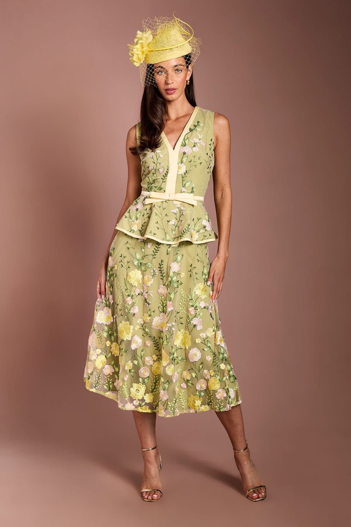 Coast Coast Women's Lisa Tan Embroidered Mesh Midi Dress in Olive