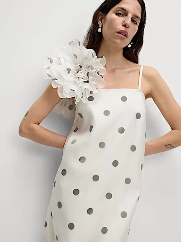 Marks & Spencer Marks & Spencer Luxe Viral White Chiffon polka dot shift dress corsage UK12