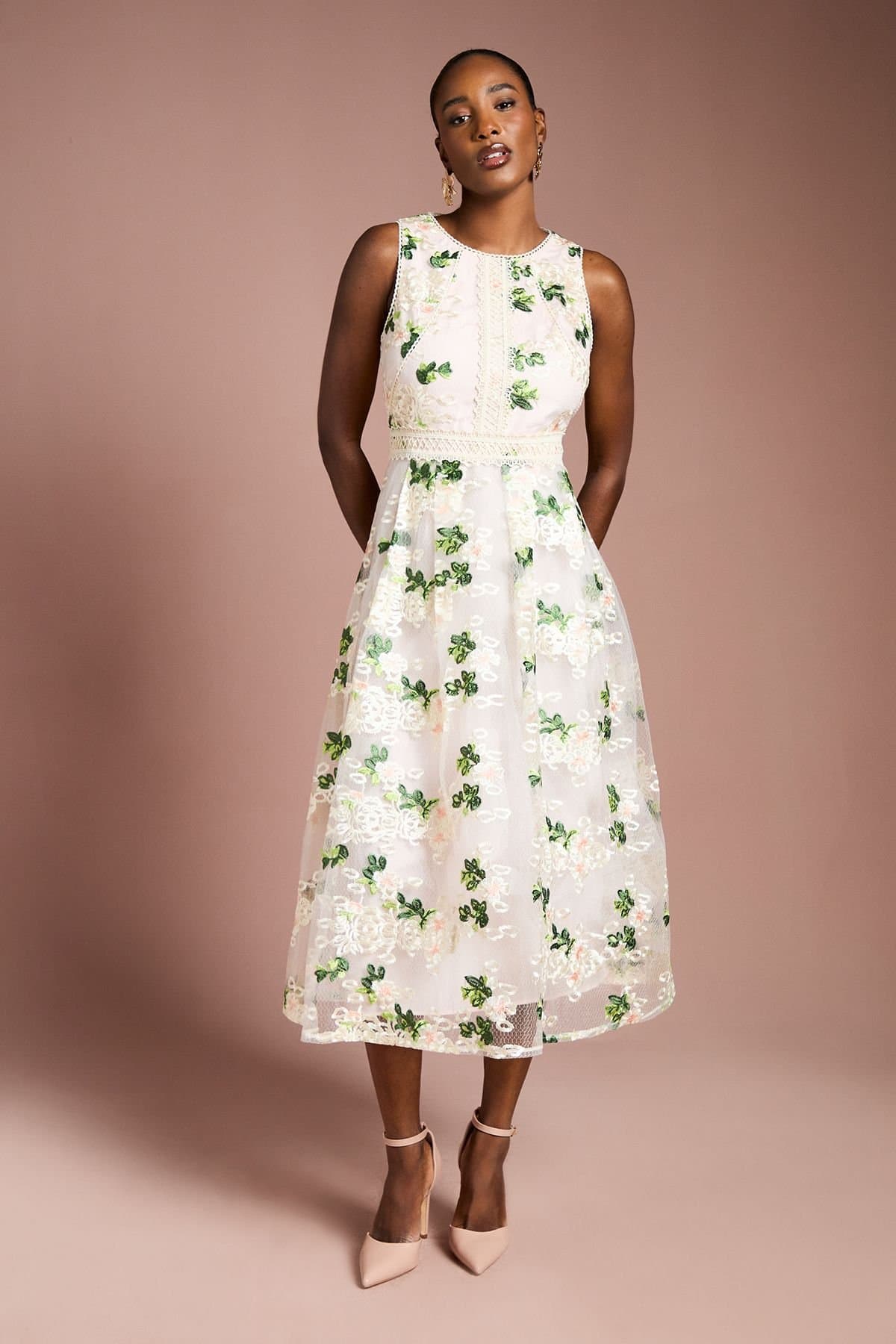 Coast Coast Women's Embroidered Mesh Lace Trim Full Skirted Midi Dress in Blush