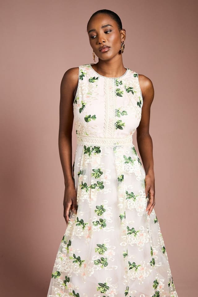 Coast Coast Women's Embroidered Mesh Lace Trim Full Skirted Midi Dress in Blush - 2