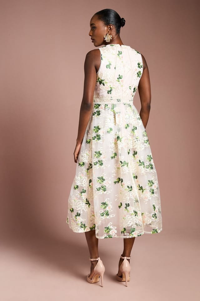 Coast Coast Women's Embroidered Mesh Lace Trim Full Skirted Midi Dress in Blush - 3