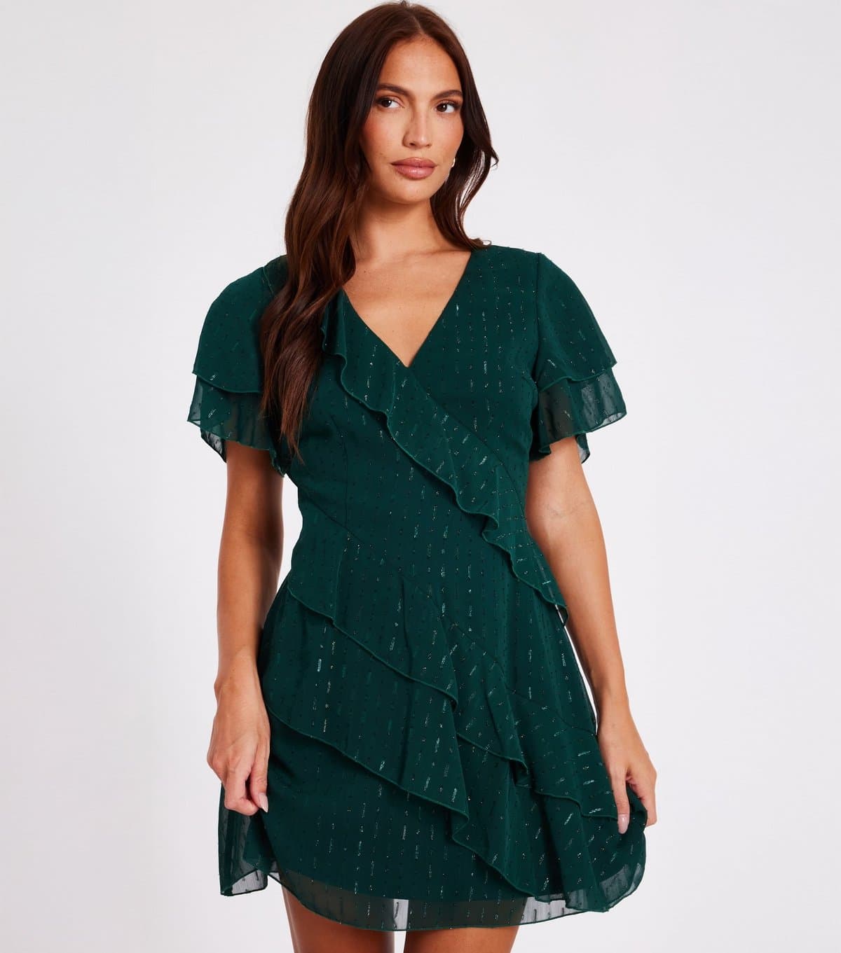 Quiz Women's Dark Green Metallic Chiffon Mini Dress Quiz New Look
