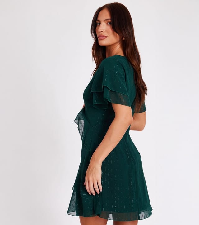 Quiz Women's Dark Green Metallic Chiffon Mini Dress Quiz New Look - 3