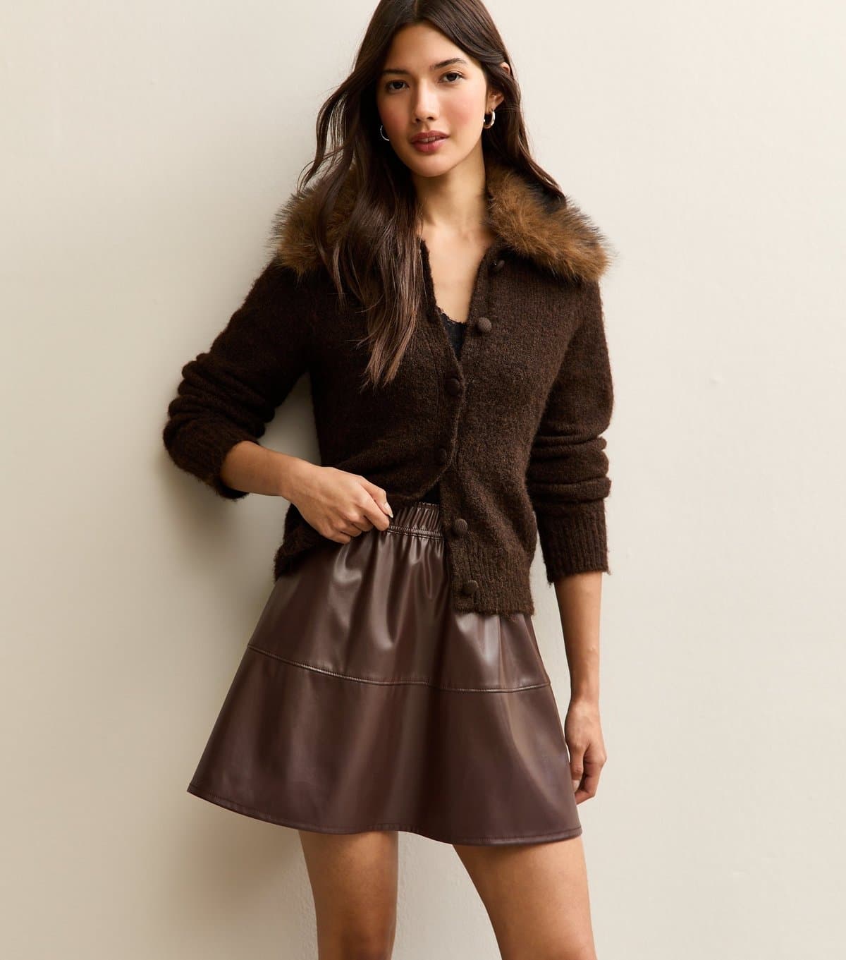 New Look Women's Dark Brown Faux Leather A-Line Mini Skirt New Look