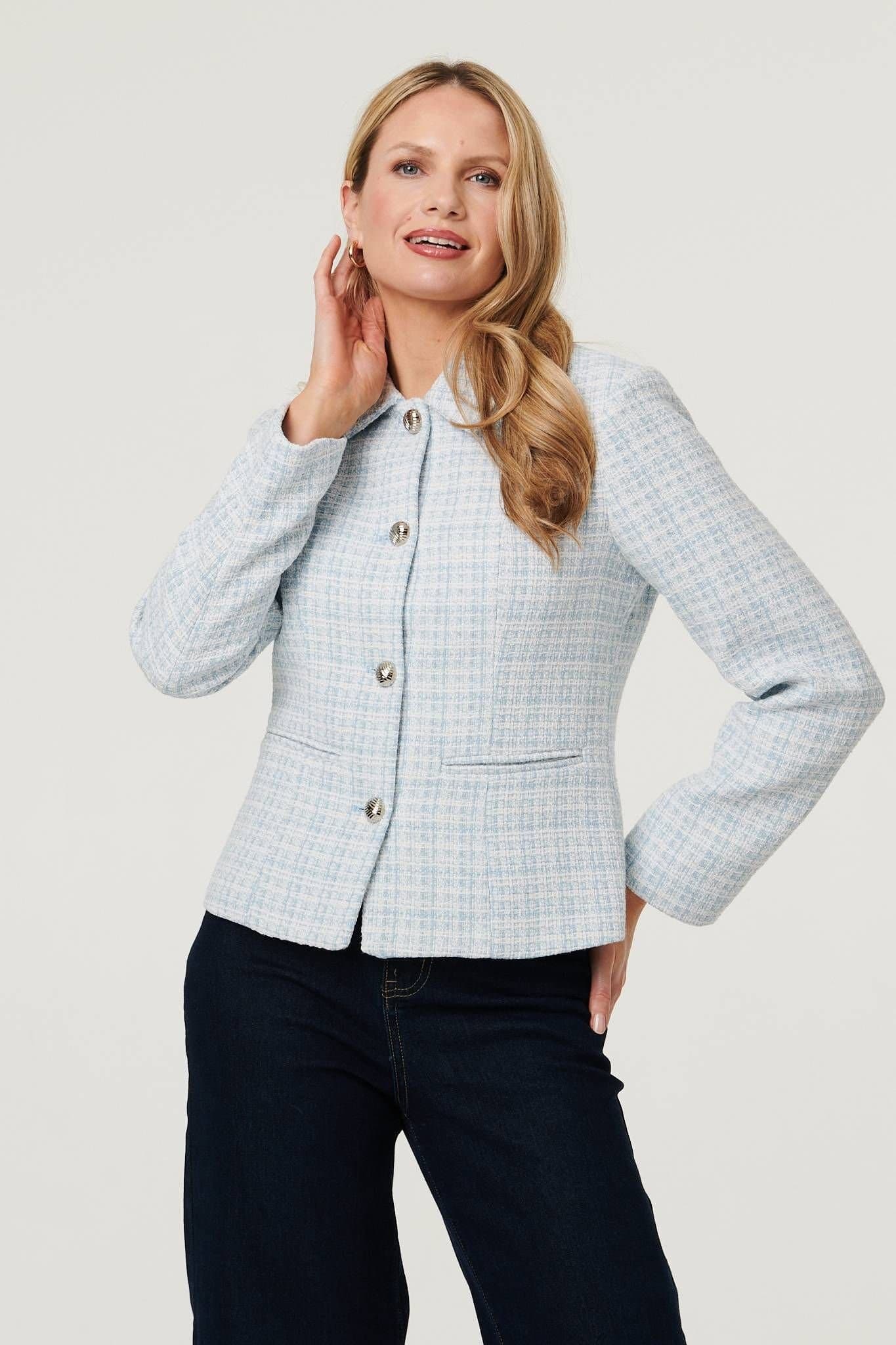 Izabel London Izabel London Women's Textured Button Detail Fitted Jacket in Light Blue