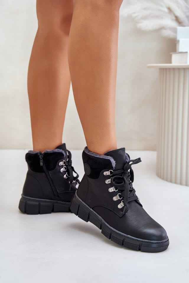 Love Lace Love Lace Women's Trapper Shoes Platform Lace Up Zip Insulated Fur in Black - 3