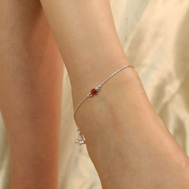 The Colourful Aura The Colourful Aura Women's 925 Silver Orange Beaded Summer Indie Thin Payal Anklet - 2
