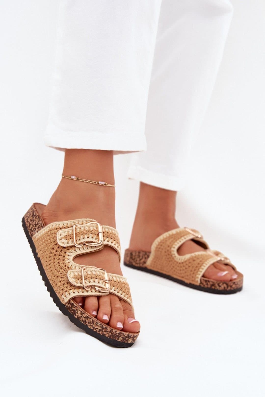 Love Lace Love Lace Women's Crocheted Sandals with Cork Platform & Contoured Suede Insole in Beige