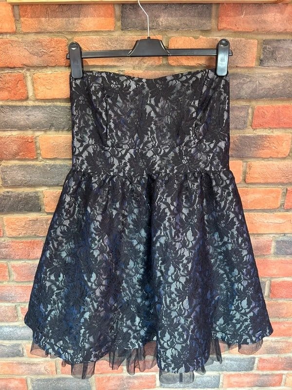 New Look Blue Iridescent Lace Strapless Mini Dress - Size 16