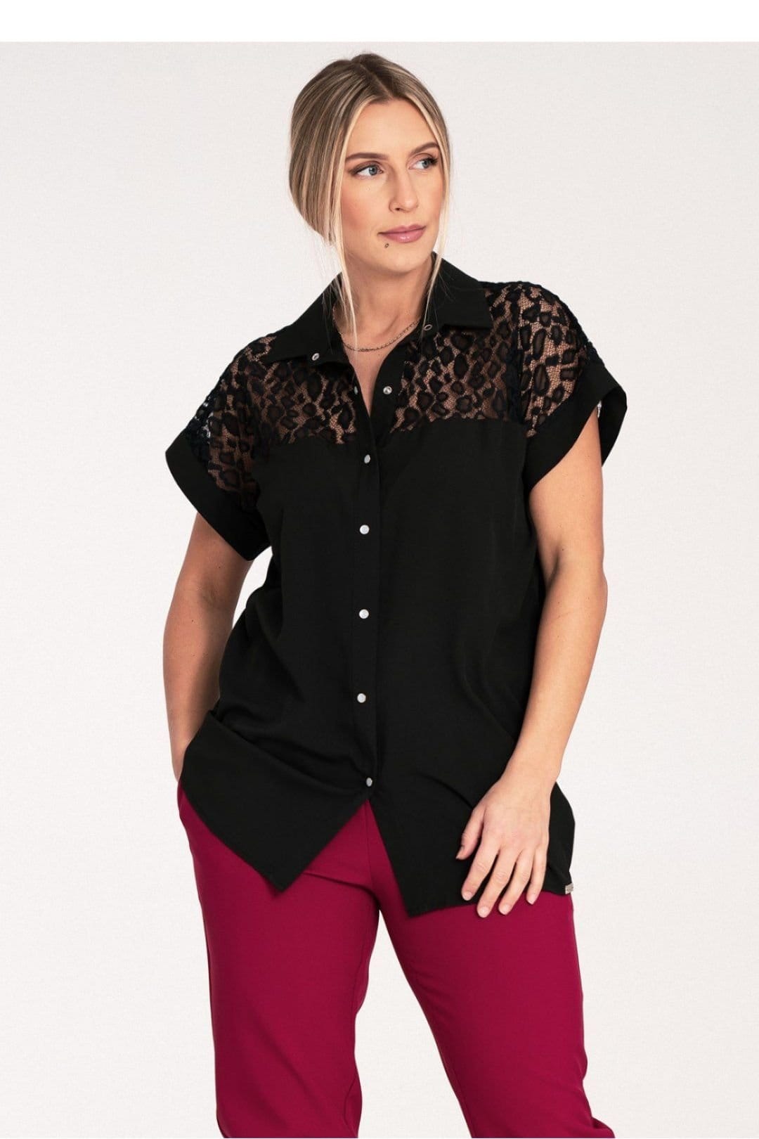 Love Lace Black Extended Cut Buttoned Short Sleeve Shirt