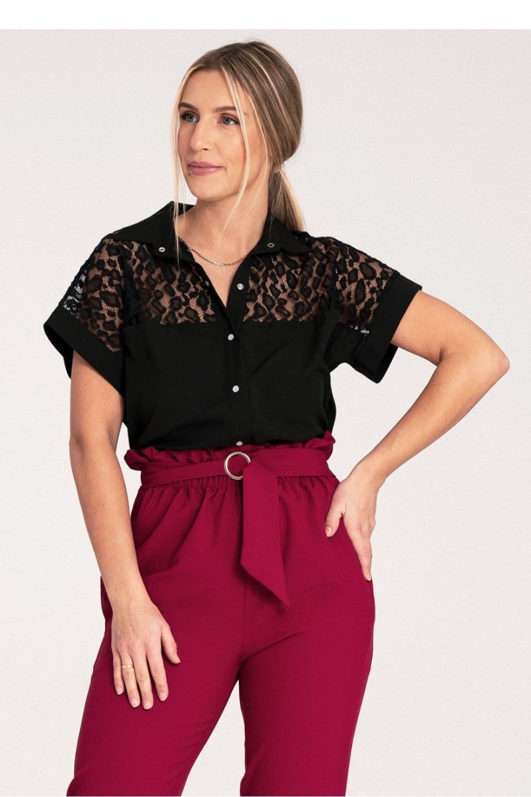 Love Lace Love Lace Women's Extended Cut Buttoned Short Sleeve Shirt in Black - 4
