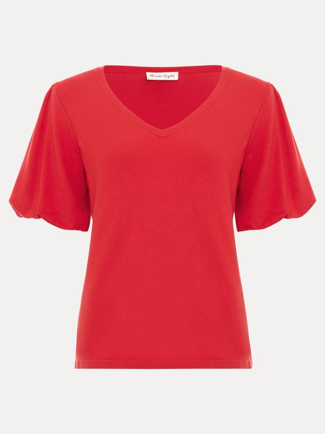 Phase Eight Phase Eight Women's V Neck Puff Sleeve Knit Top in Scarlet - 2