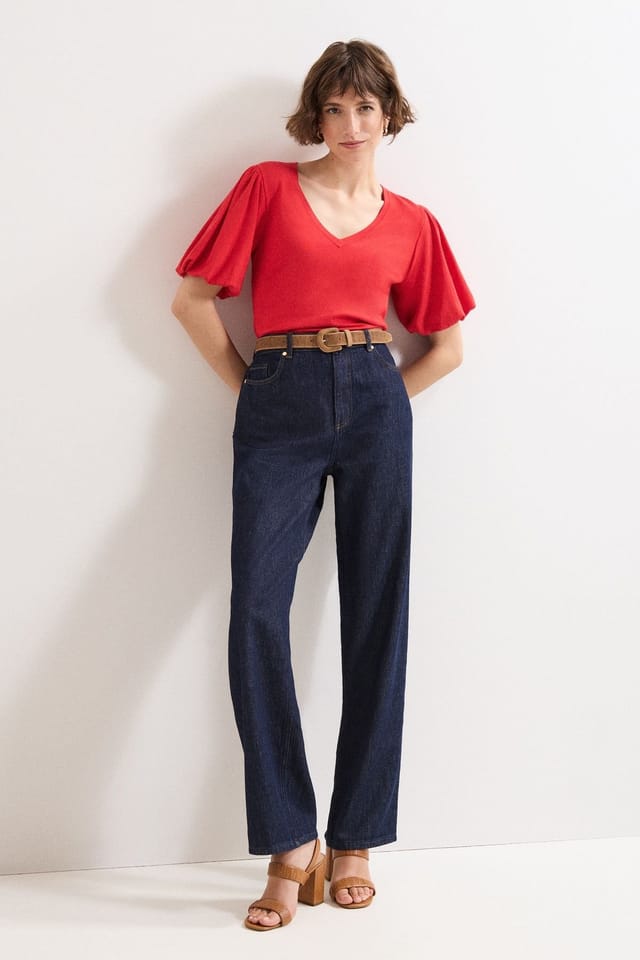Phase Eight Phase Eight Women's V Neck Puff Sleeve Knit Top in Scarlet - 3