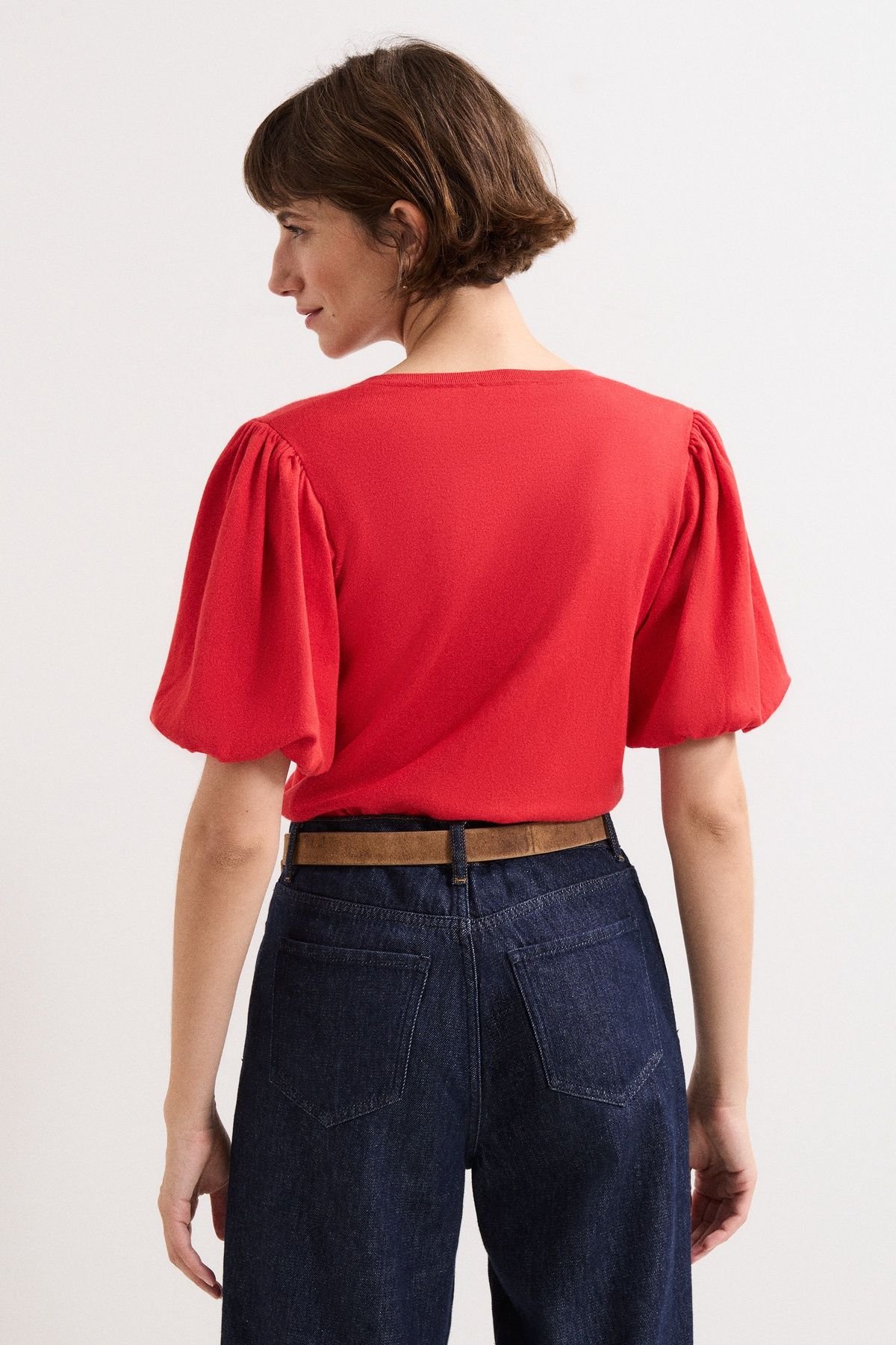 Phase Eight Phase Eight Women's V Neck Puff Sleeve Knit Top in Scarlet - 4