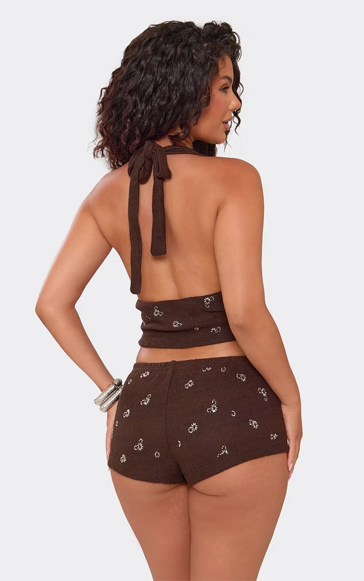 EGO Low Waist Embellished Micro Shorts In Brown Knit, Women's Size UK S
