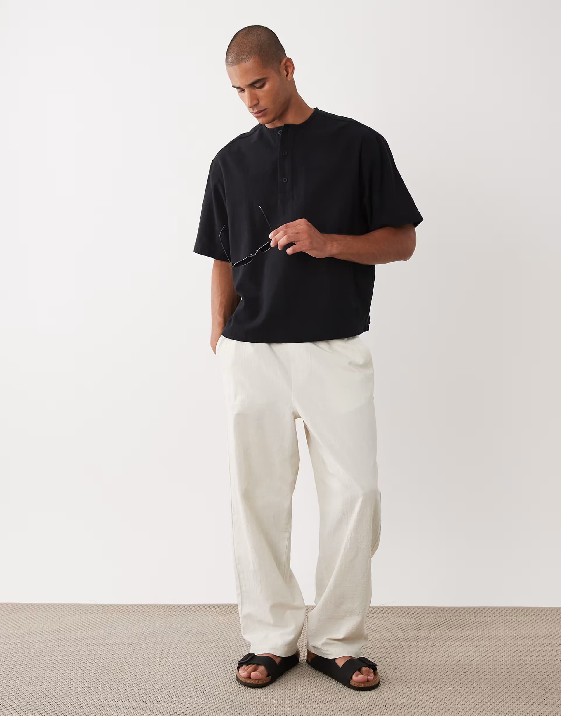 ASOS ASOS DESIGN boxy linen look overhead henley shirt in black