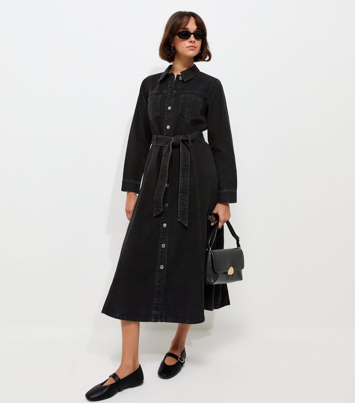 New Look Women's Black Denim Long Sleeve Shirt Midi Dress New Look
