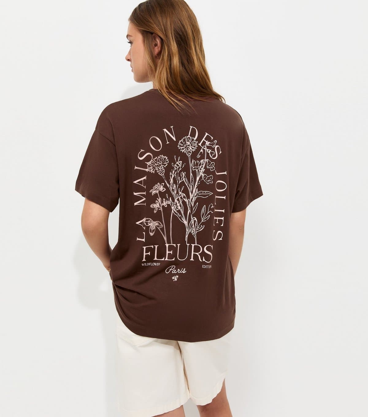 New Look Women's Dark Brown Cotton Paris Oversized T-Shirt New Look