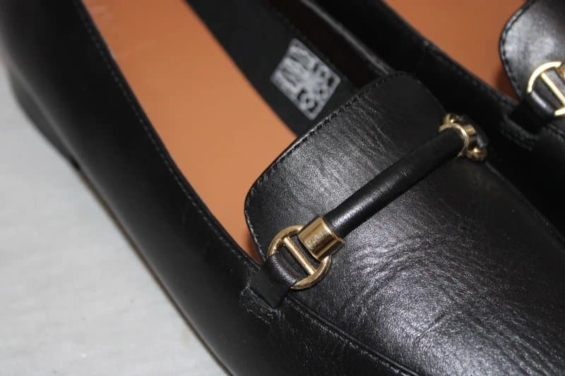 Marks & Spencer M&S Leather Loafers Womens UK 8 Black Gold Horsebit Slip On Smart Workwear Shoes