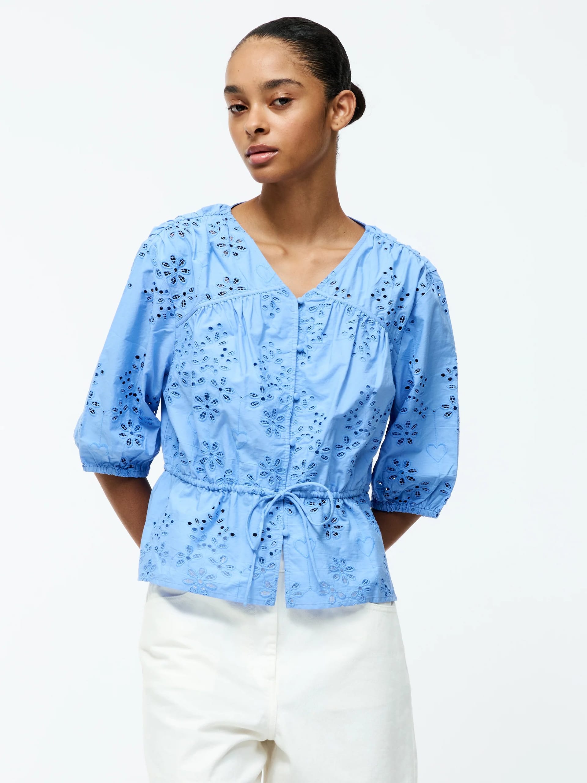 French Connection Cornflower Blue Cotton Puff Sleeve Broderie Top