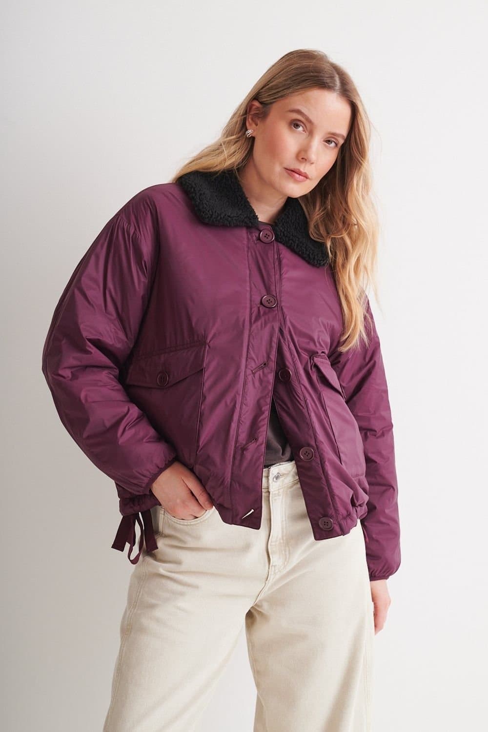 Klass. Klass. Women's Padded Faux Fur Collar Jacket in Burgundy