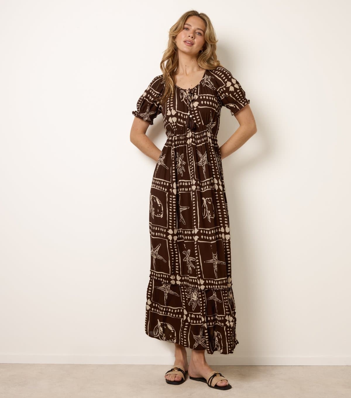 Blue Vanilla Women's Dark Brown Starfish Print Tie Front Maxi Dress Blue Vanilla New Look