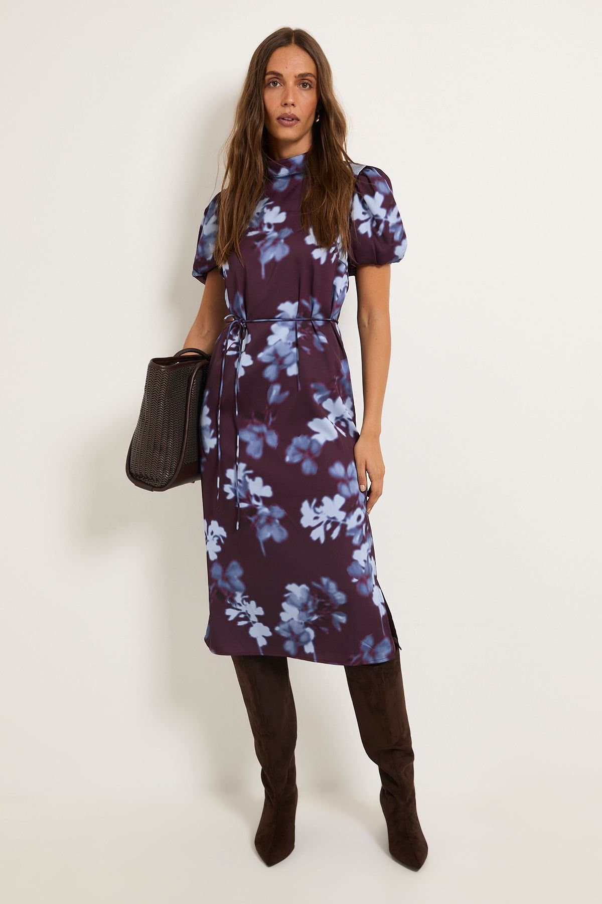 Wallis Wallis Women's Floral Satin Midi Dress in Brown