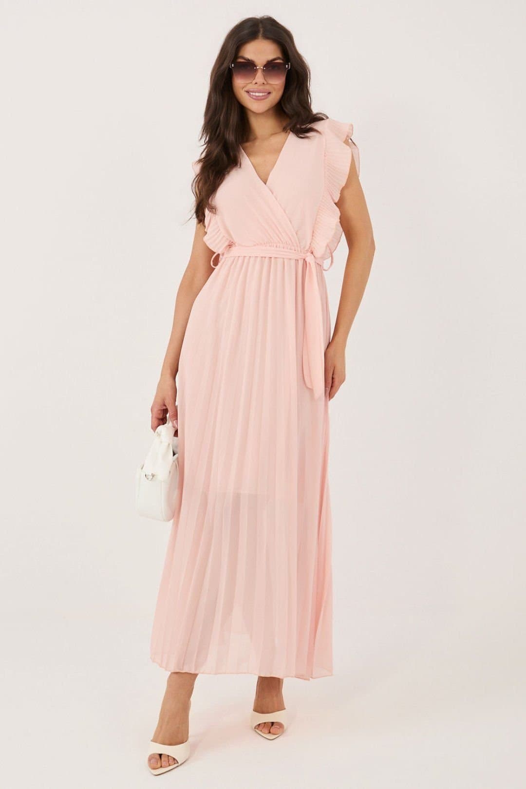 Love Lace Love Lace Women's Flared Midi Wrap Tie Waist Dress with Ruffles in Pink