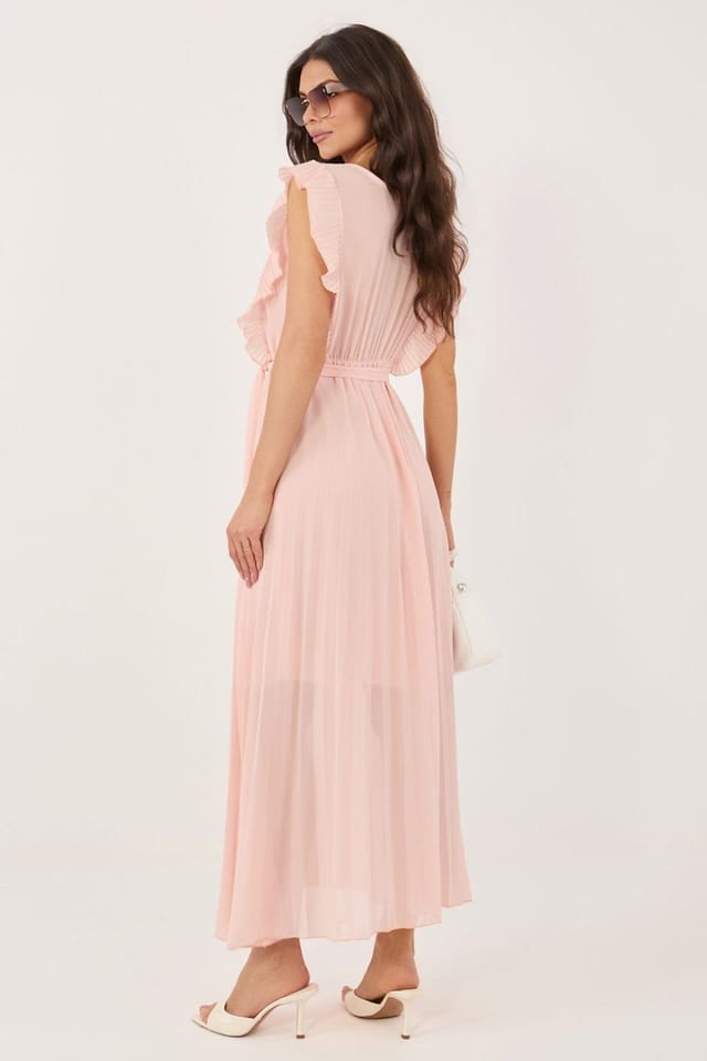 Love Lace Love Lace Women's Flared Midi Wrap Tie Waist Dress with Ruffles in Pink - 3