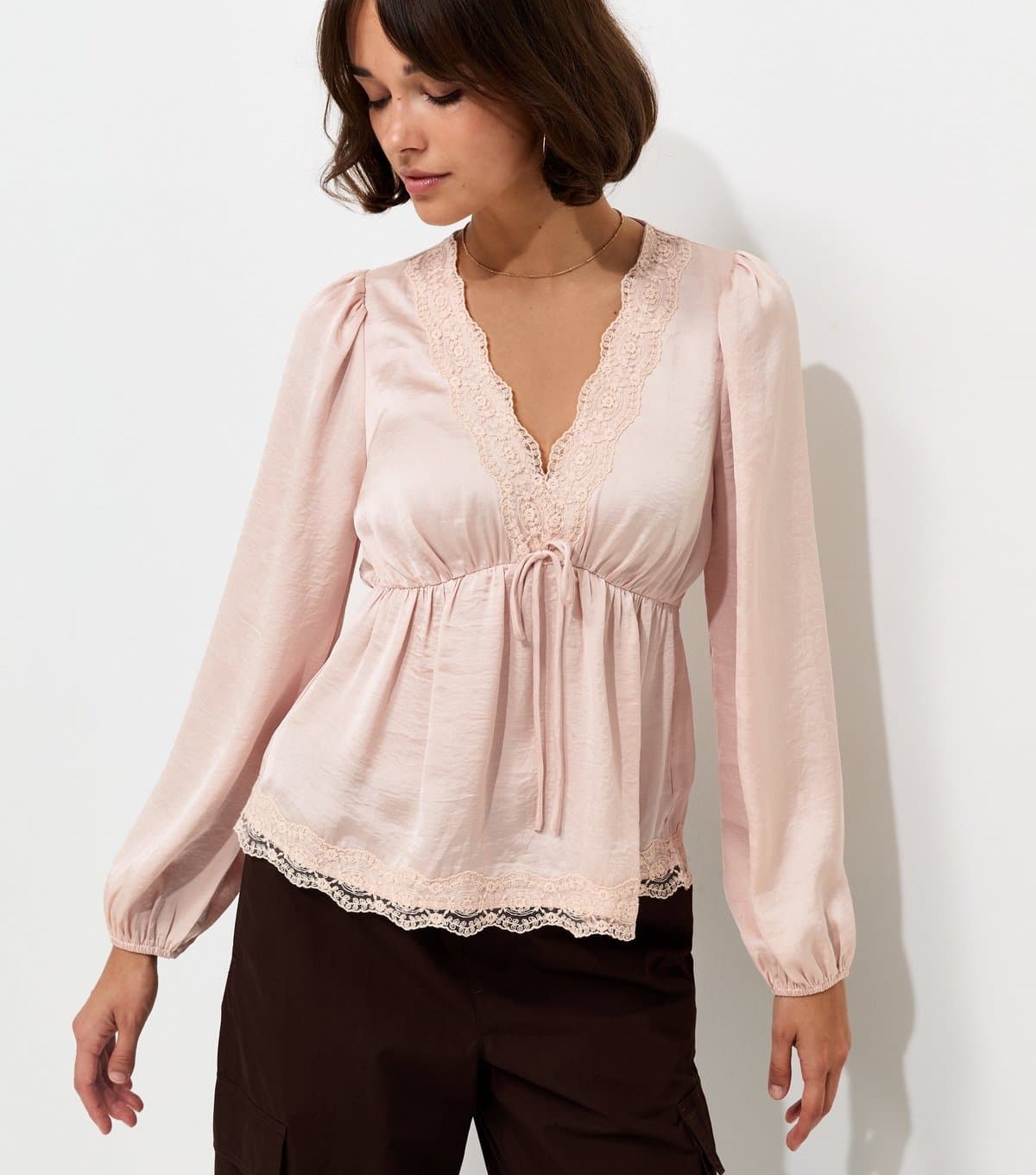 New Look Women's Pale Pink  Satin Lace Trim Long Sleeve Blouse New Look