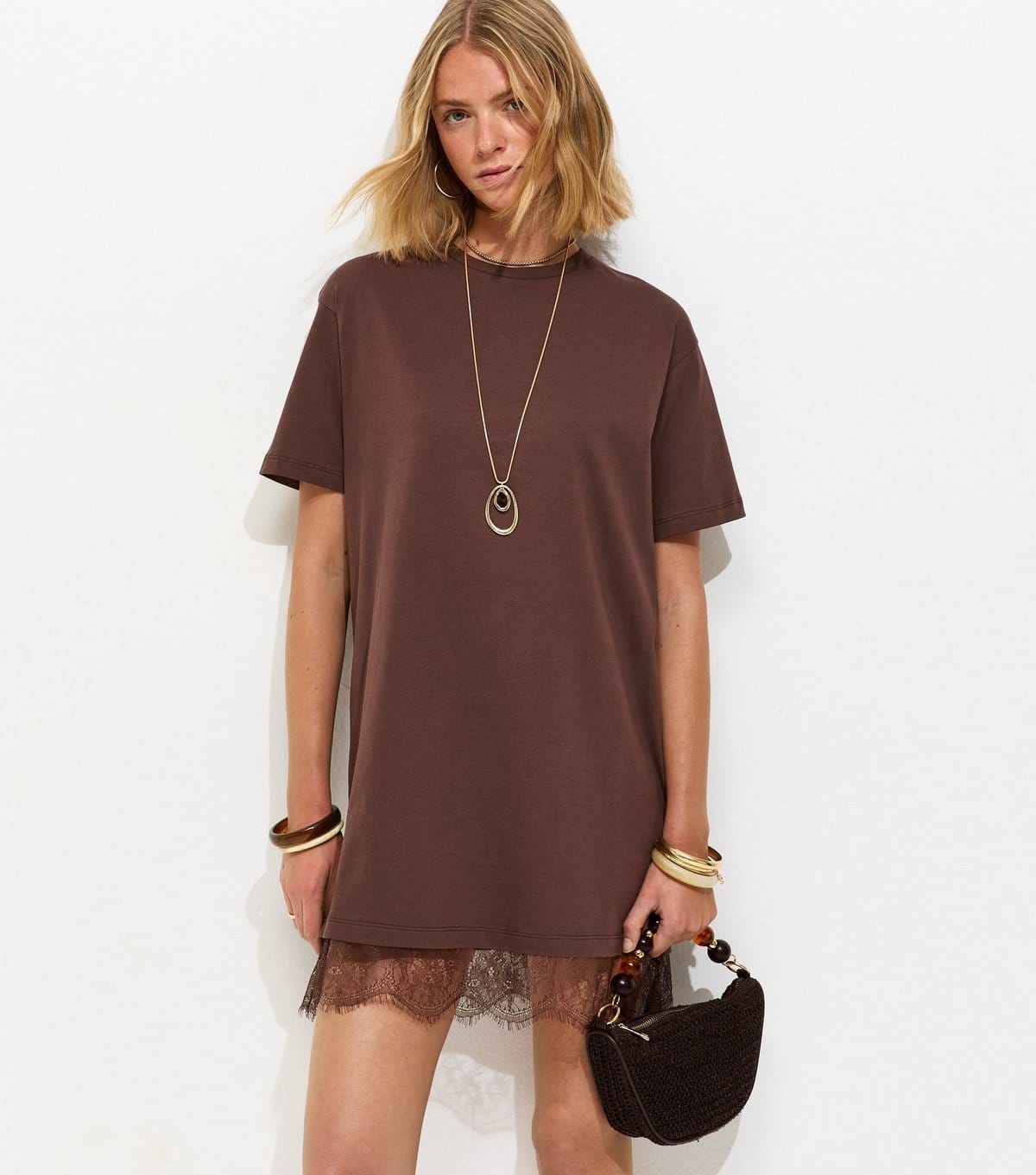 New Look Dark Brown Lace Hem Trim Mini T-Shirt Dress