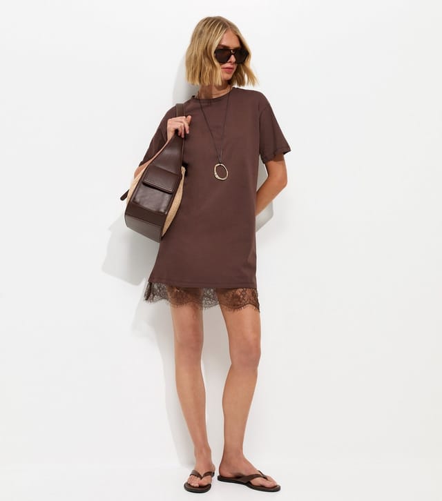 New Look Women's Dark Brown Lace Hem Trim Mini T-Shirt Dress New Look - 3