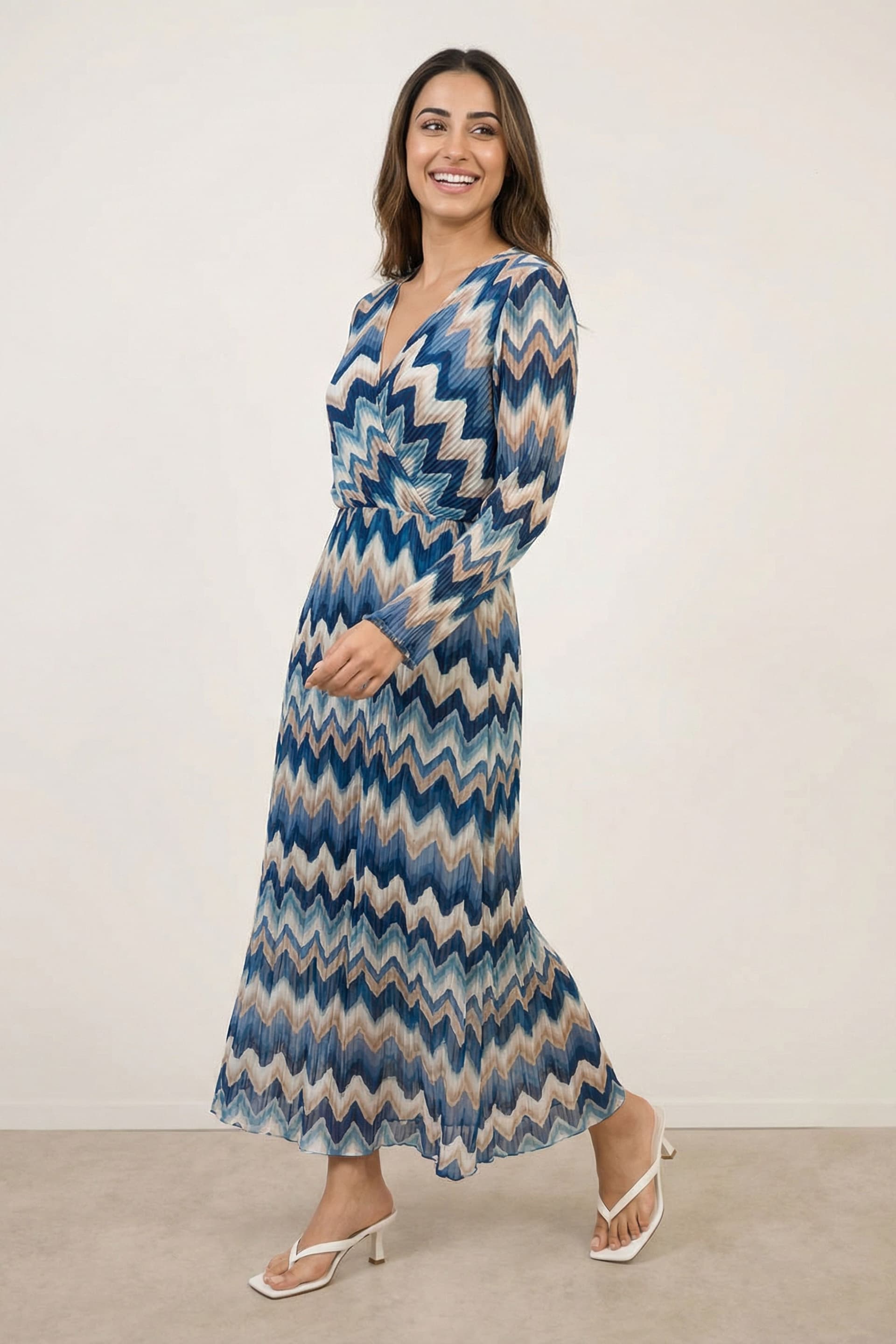 Blue Vanilla Blue Vanilla Women's Blue Pleated Zig Zag Print Dress