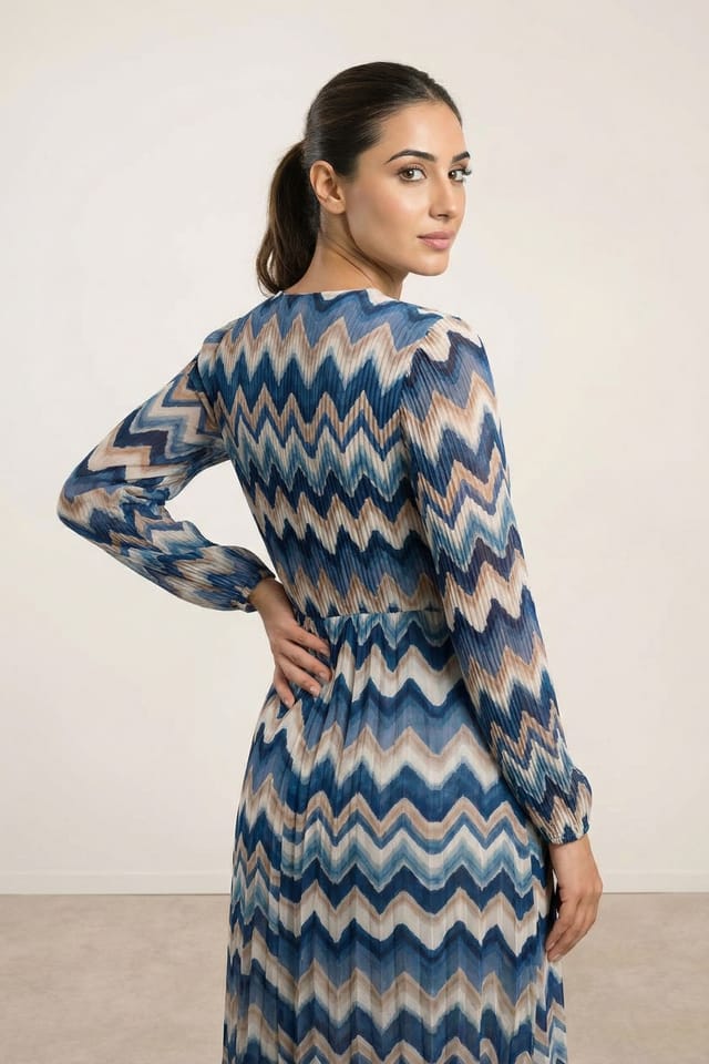 Blue Vanilla Blue Vanilla Women's Blue Pleated Zig Zag Print Dress - 2
