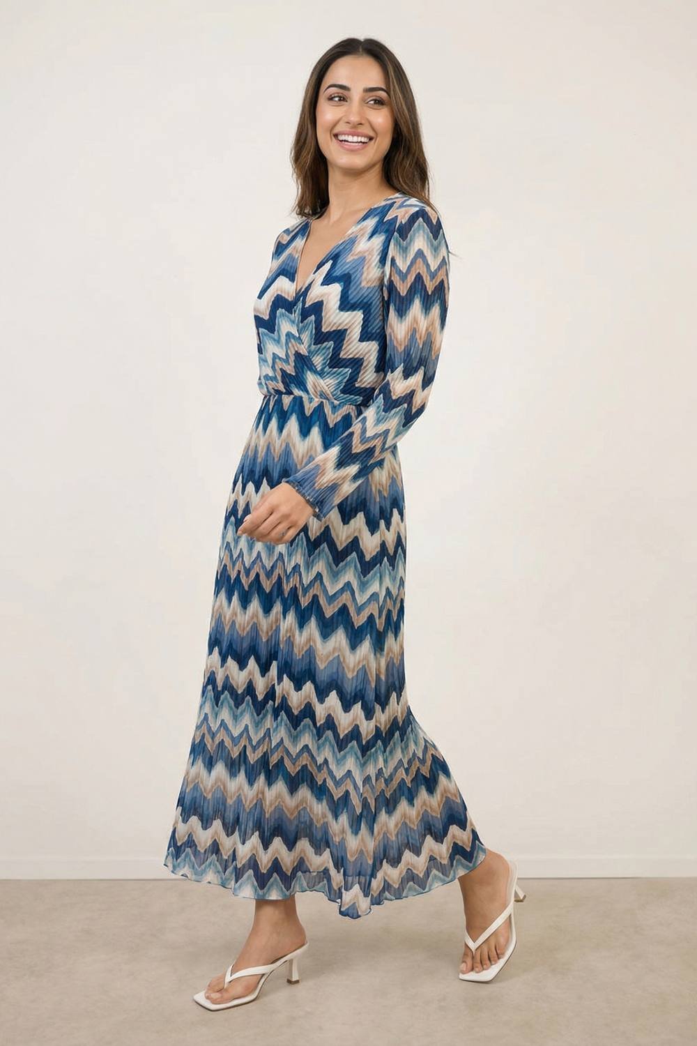 Blue Vanilla Blue Vanilla Women's Blue Pleated Zig Zag Print Dress - 3