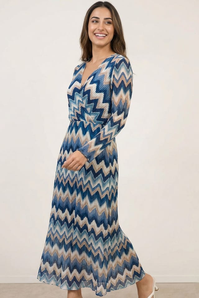 Blue Vanilla Blue Vanilla Women's Blue Pleated Zig Zag Print Dress - 3