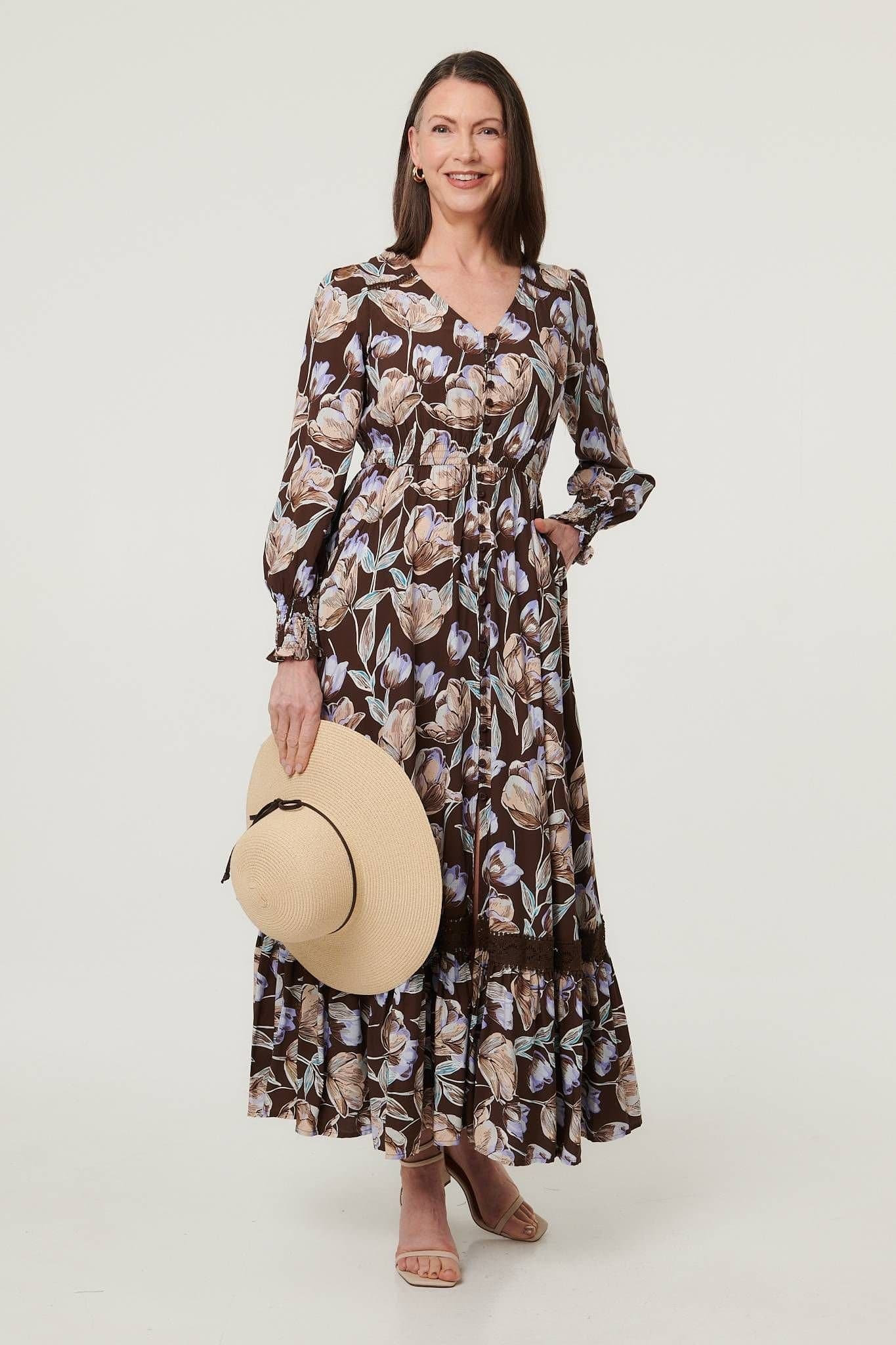 Izabel London Izabel London Women's Floral Long Sleeve V-Neck Maxi Dress in Brown