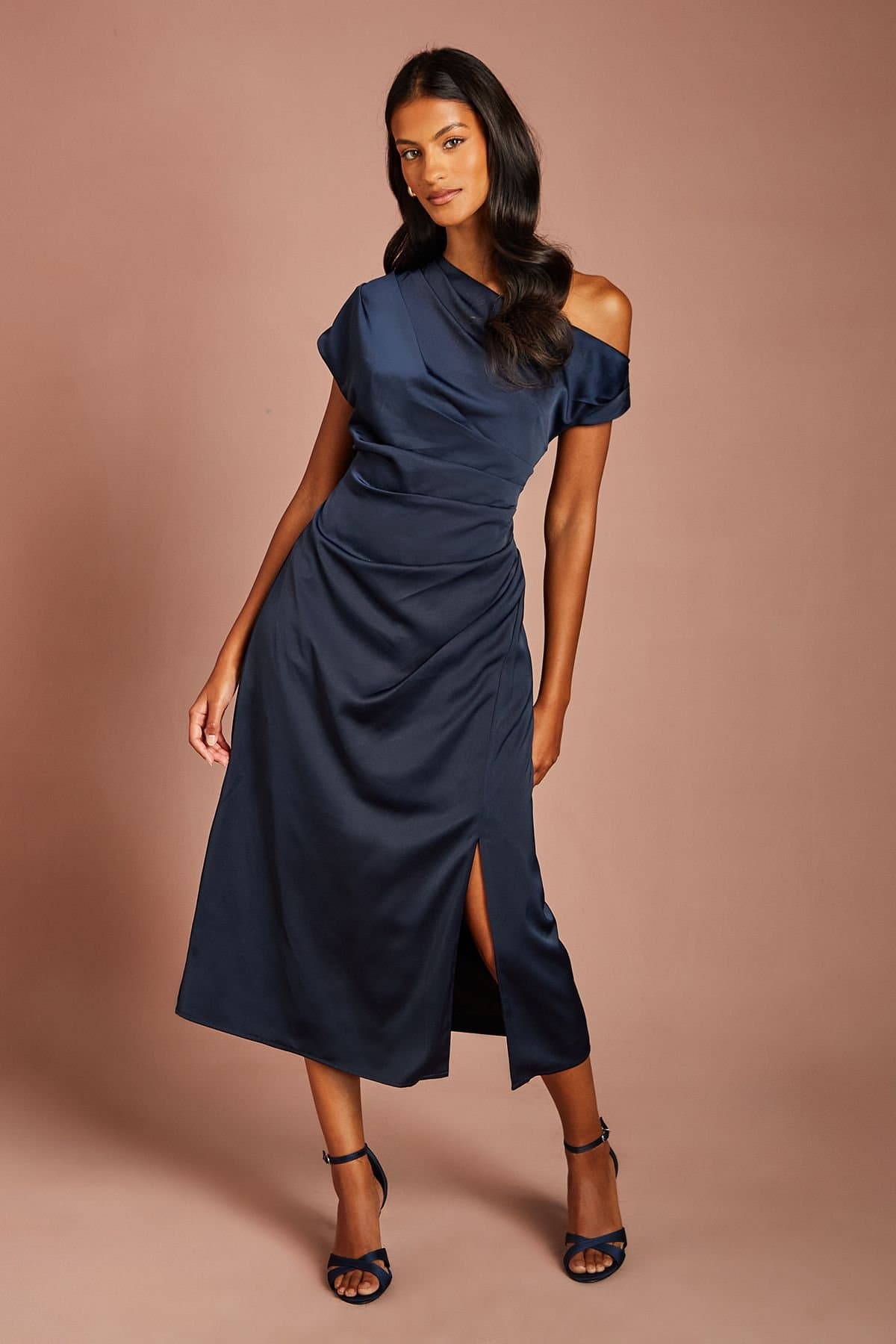 Coast Coast Women's Petite Off-Shoulder Satin Side Tie Midi Dress in Navy