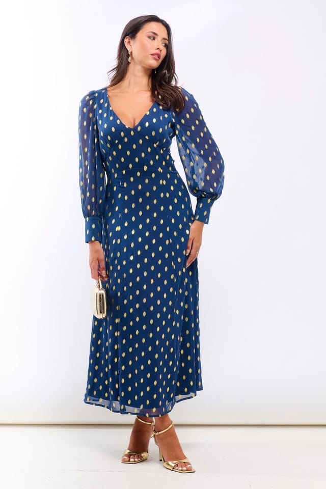 Needs No Label Needs No Label Women's Dark Blue Long Sleeve Foil Plunge Midi Dress - 2