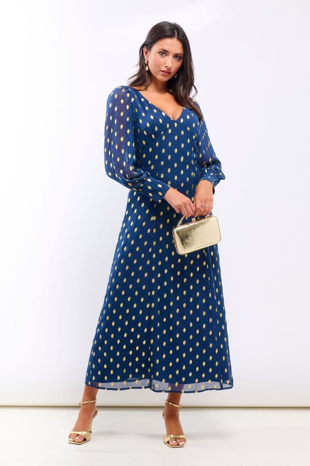 Needs No Label Needs No Label Women's Dark Blue Long Sleeve Foil Plunge Midi Dress - 3