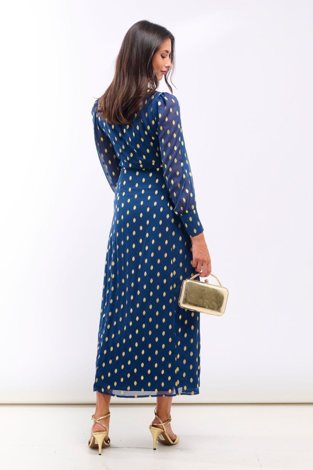 Needs No Label Needs No Label Women's Dark Blue Long Sleeve Foil Plunge Midi Dress - 4