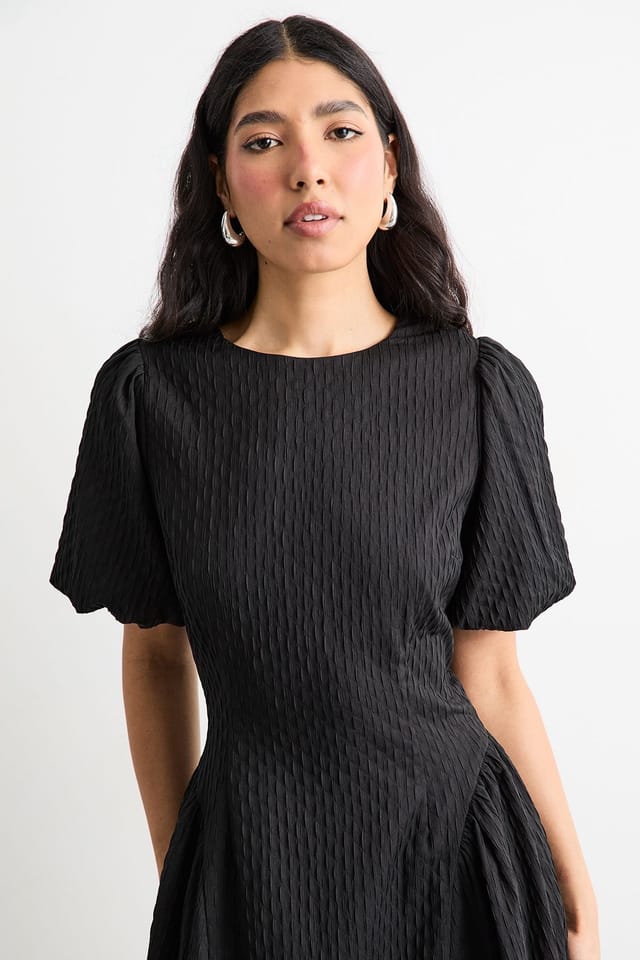 Warehouse Warehouse Women's Textured Godet Side Puff Sleeve Midi Dress in Black - 2