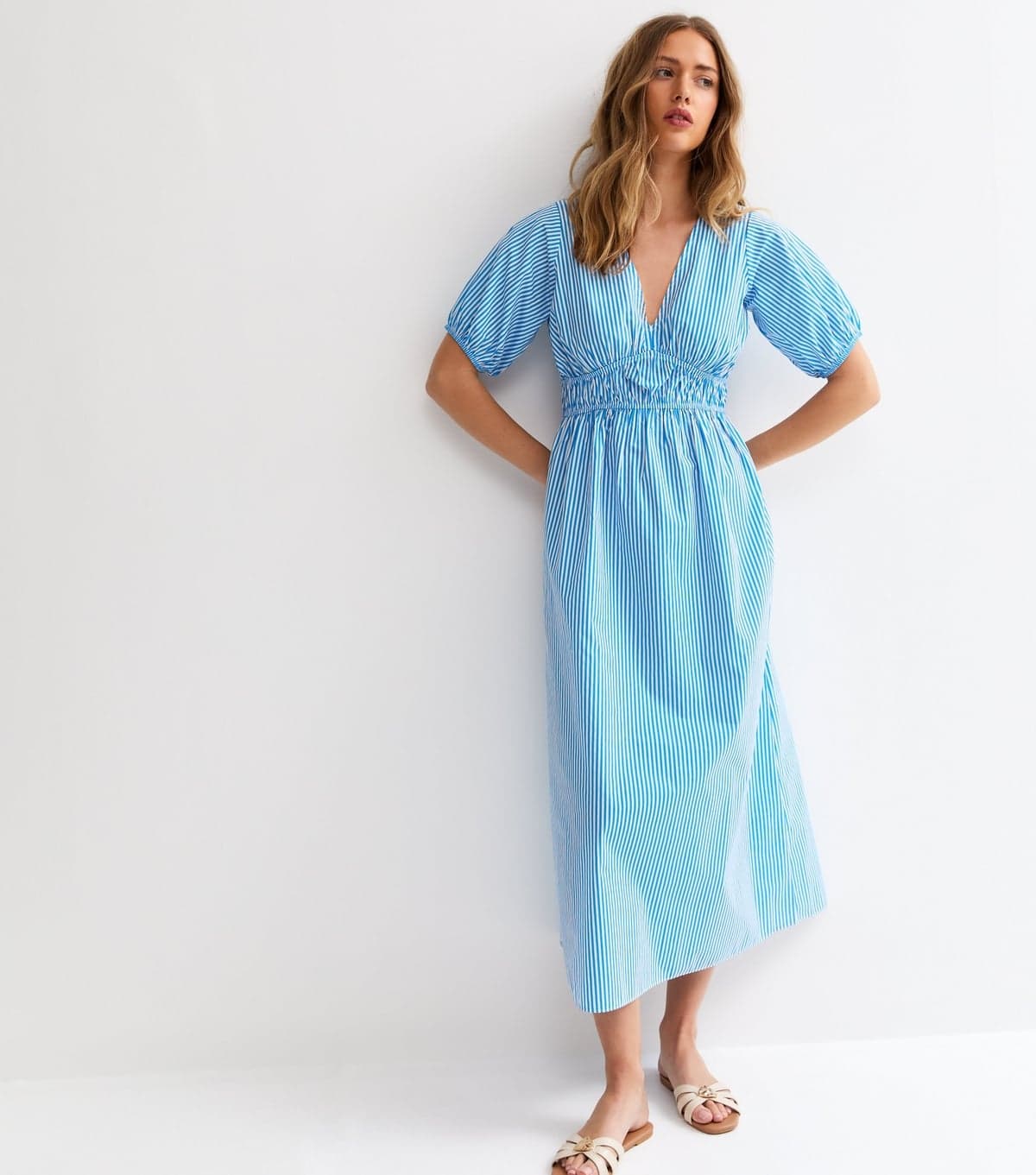 New Look Women's Blue Striped Ruched Detail Midi Dress New Look