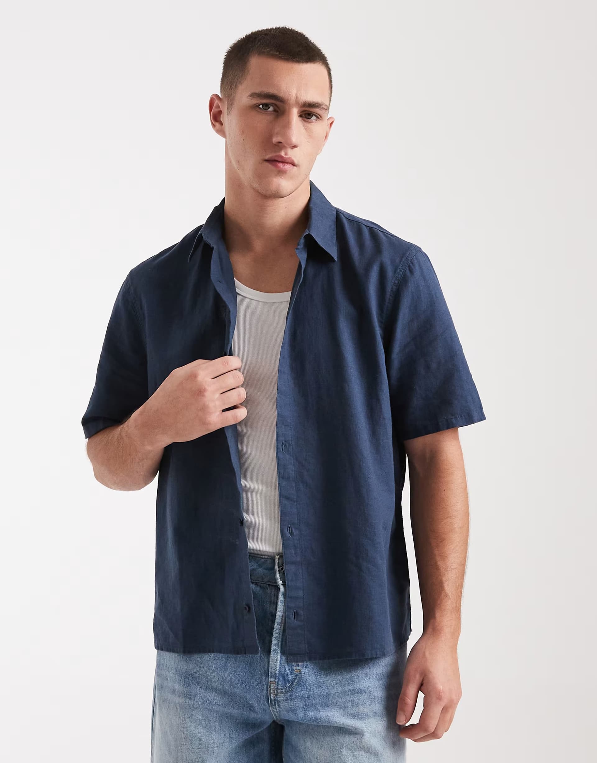 ASOS Hollister short sleeve linen blend shirt in blue