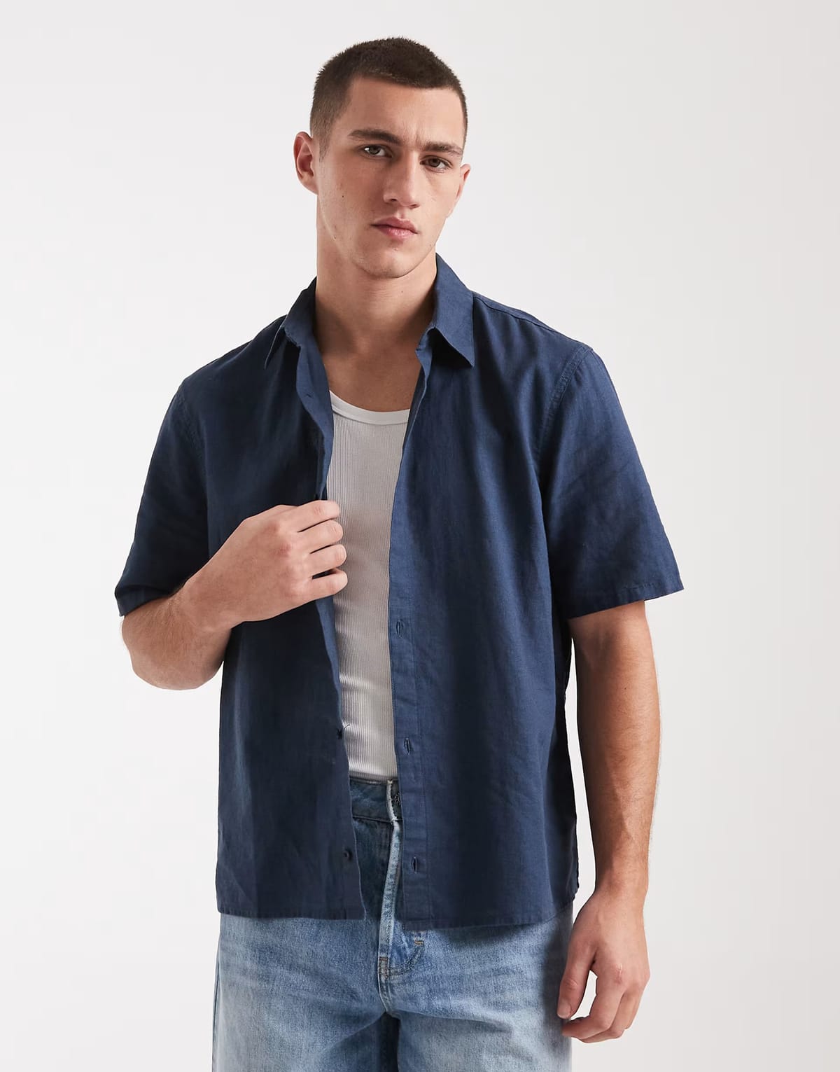 ASOS Hollister short sleeve linen blend shirt in blue - 1