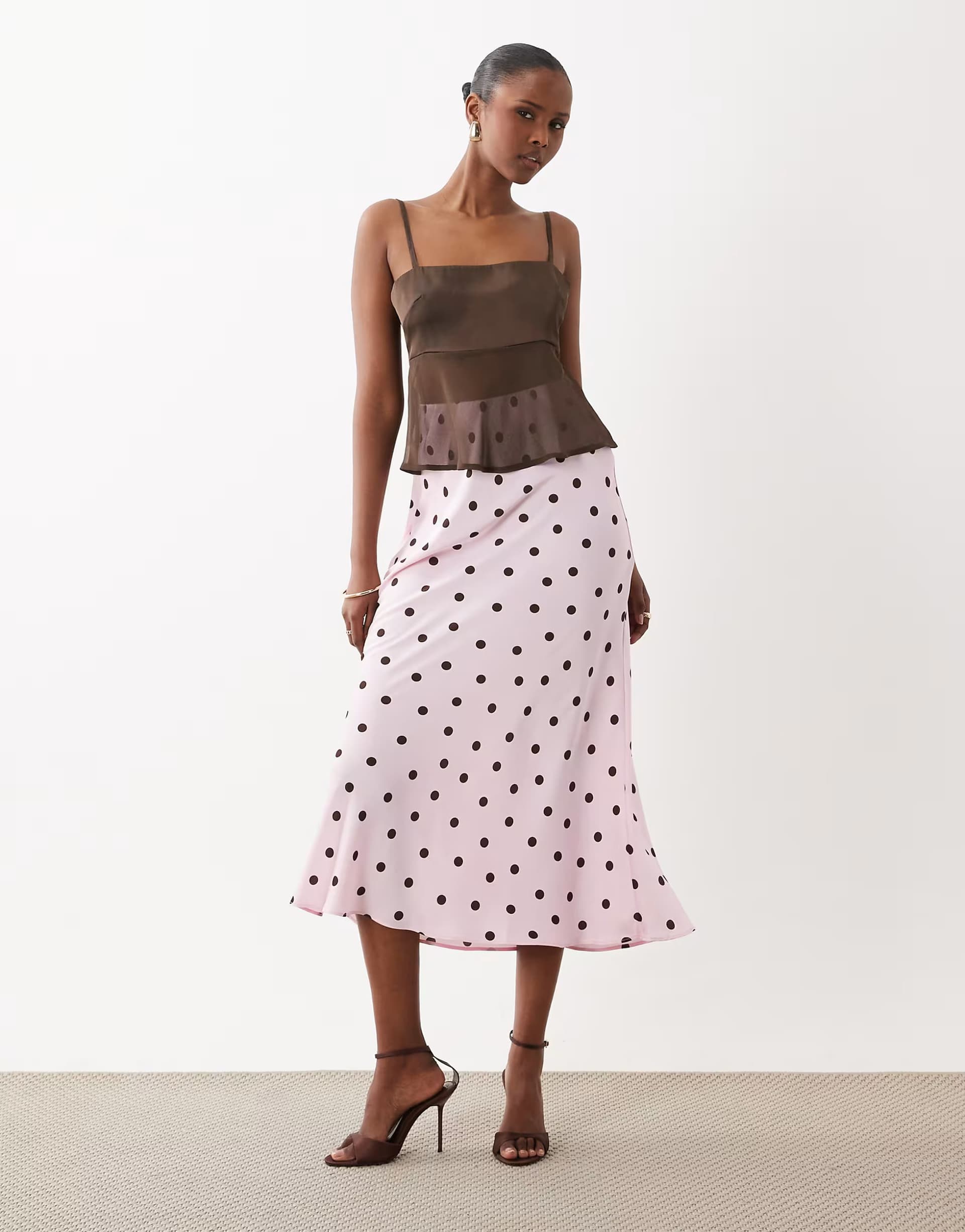 ASOS Vila satin maxi skirt in pink and chocolate polka dot