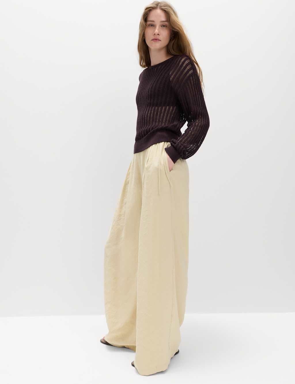 Marks & Spencer M&S Pleated Tie Side Wide Leg Trousers Biscuit