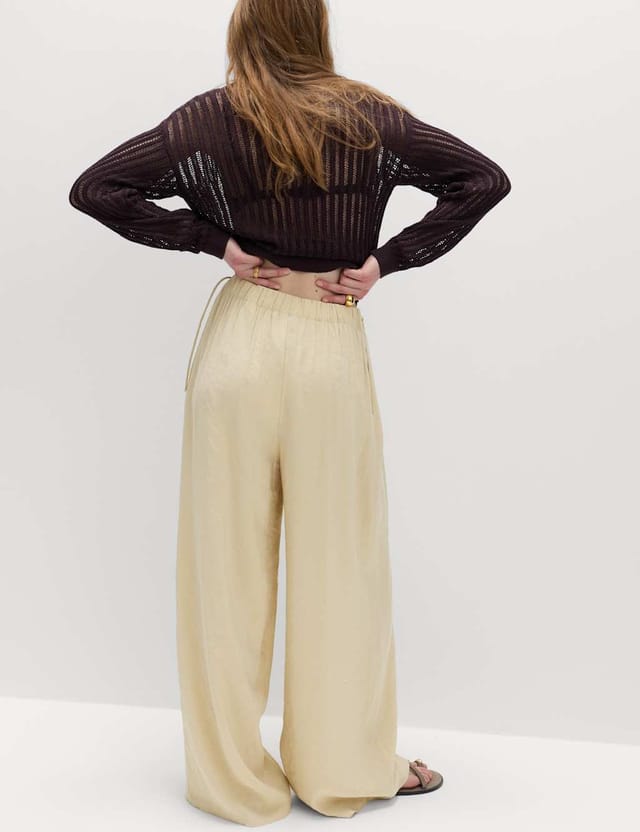 Marks & Spencer M&S Pleated Tie Side Wide Leg Trousers Biscuit - 3