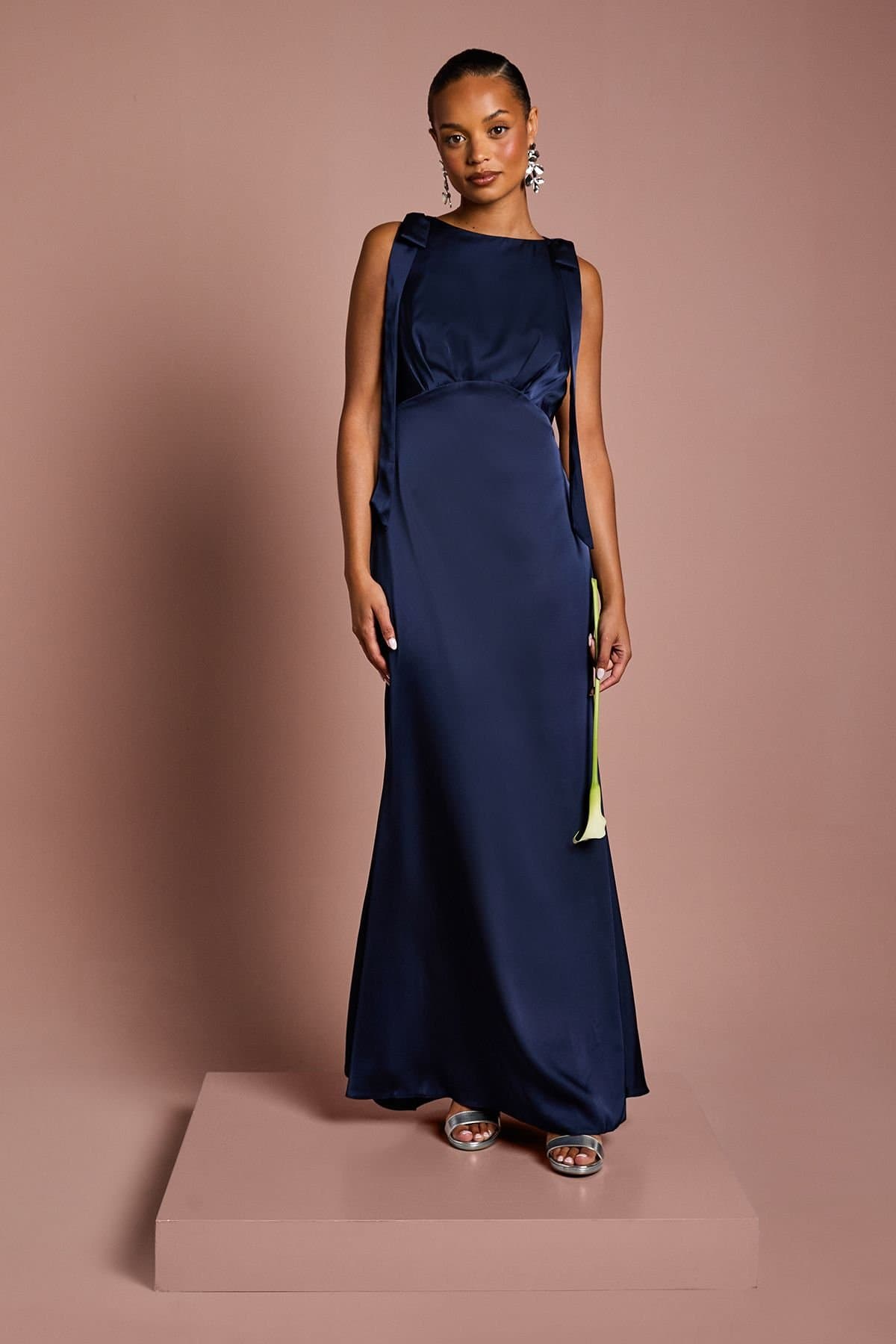 Coast Coast Women's Honoured Petite Sleeveless High Neck Tie Shoulder Satin Maxi Bridesmaid Dress in Navy