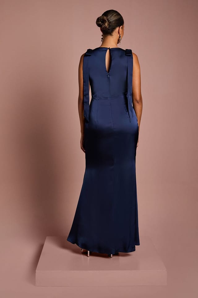 Coast Coast Women's Honoured Petite Sleeveless High Neck Tie Shoulder Satin Maxi Bridesmaid Dress in Navy - 3
